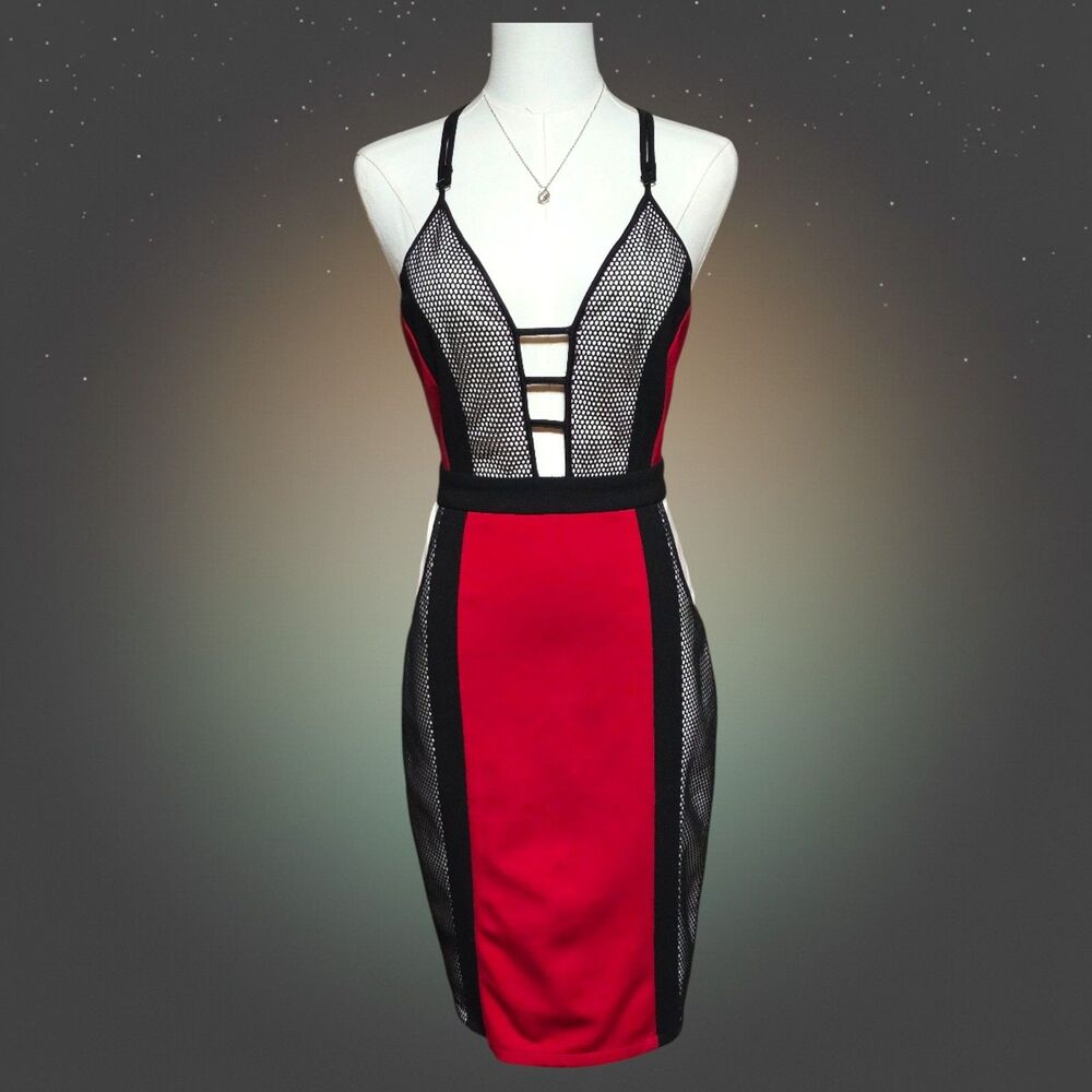 Hego Wmns S Red Black Mesh Bodycon Club Dress Night Out Clubwear NWT